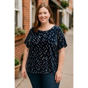 Eileen Fisher 100% Silk Geometric Velvet Burnout‎ Dolman Sleeve Top XL NEW Black